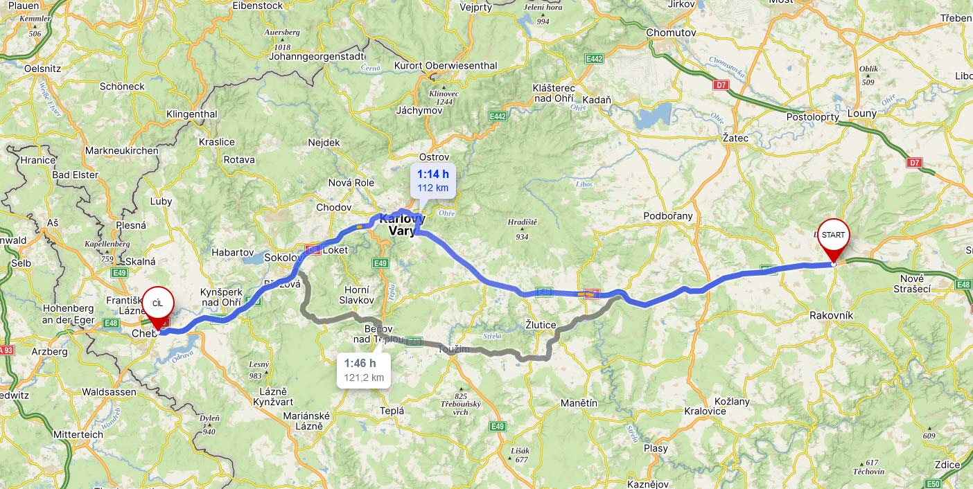 Vyznačená trasa Krupá - Cheb na mapě