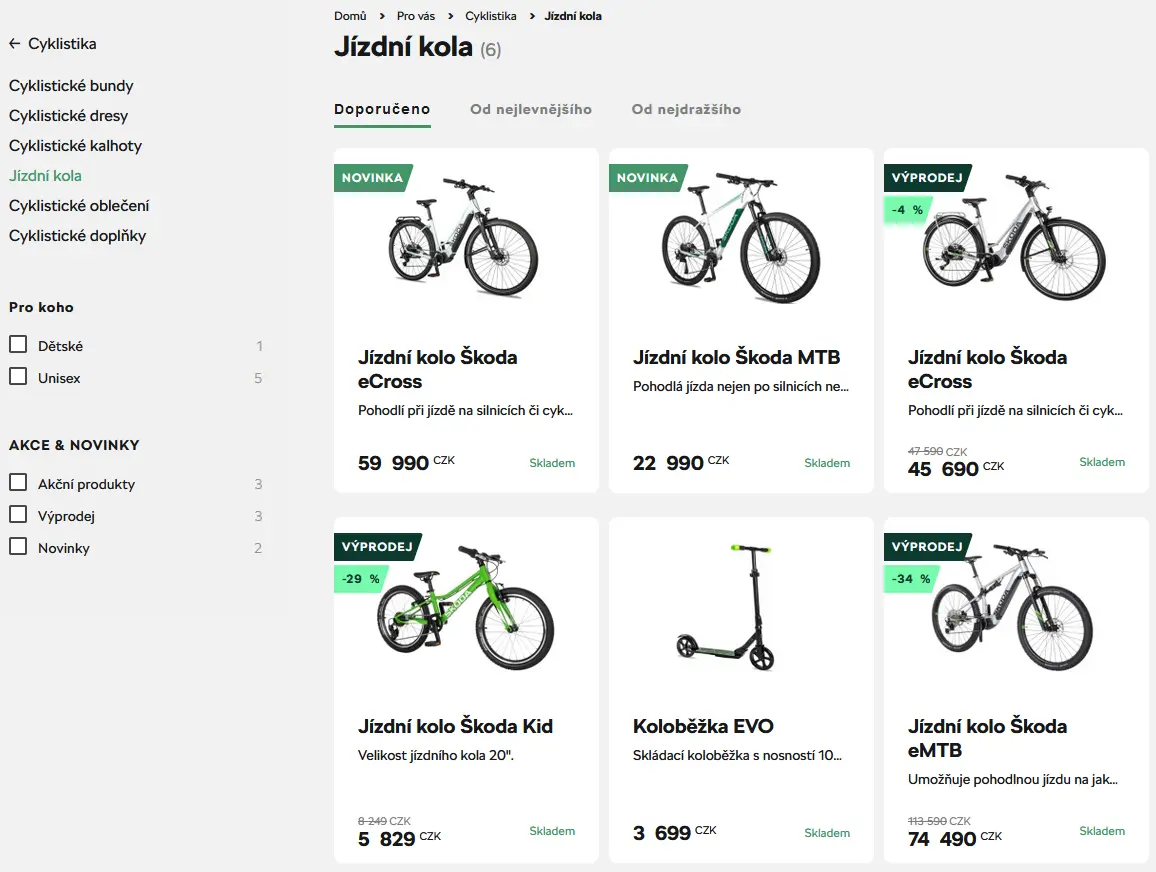 Screenshot e-shopu Škoda s nabídkou jízdních kol 2024