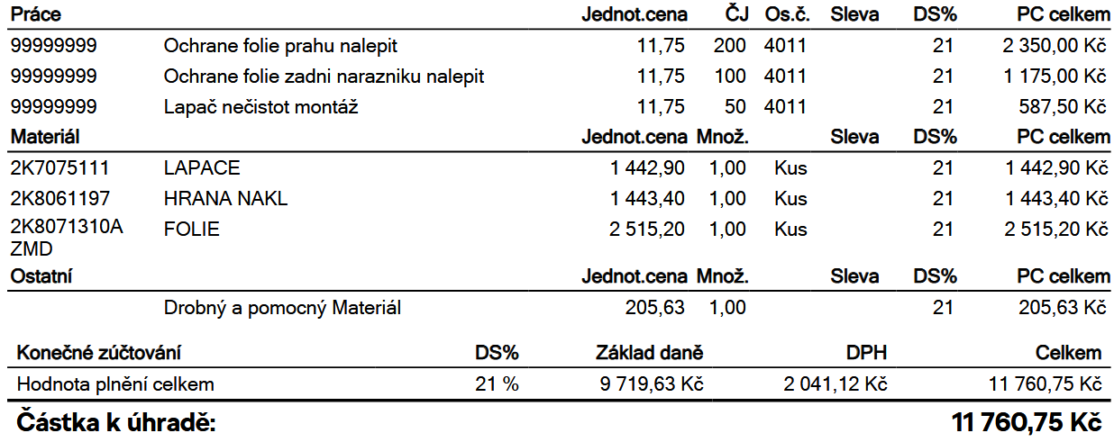 Faktura za montáž příslušenství Volkswagen
