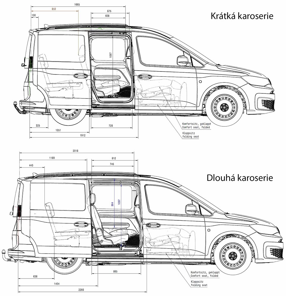 Rozměry bočních posuvných dveří Volkswagenu Caddy a Caddy Maxi