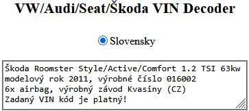 Dekódované VIN číslo Roomsteru 2010